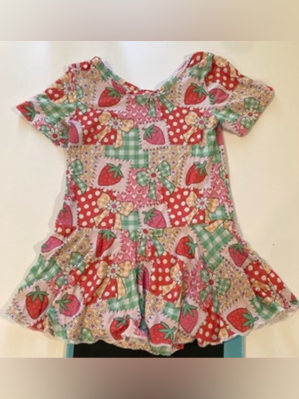 Girls Strawberry Patchwork Bow Bamboo Twirl Bodysuit - Size 4T